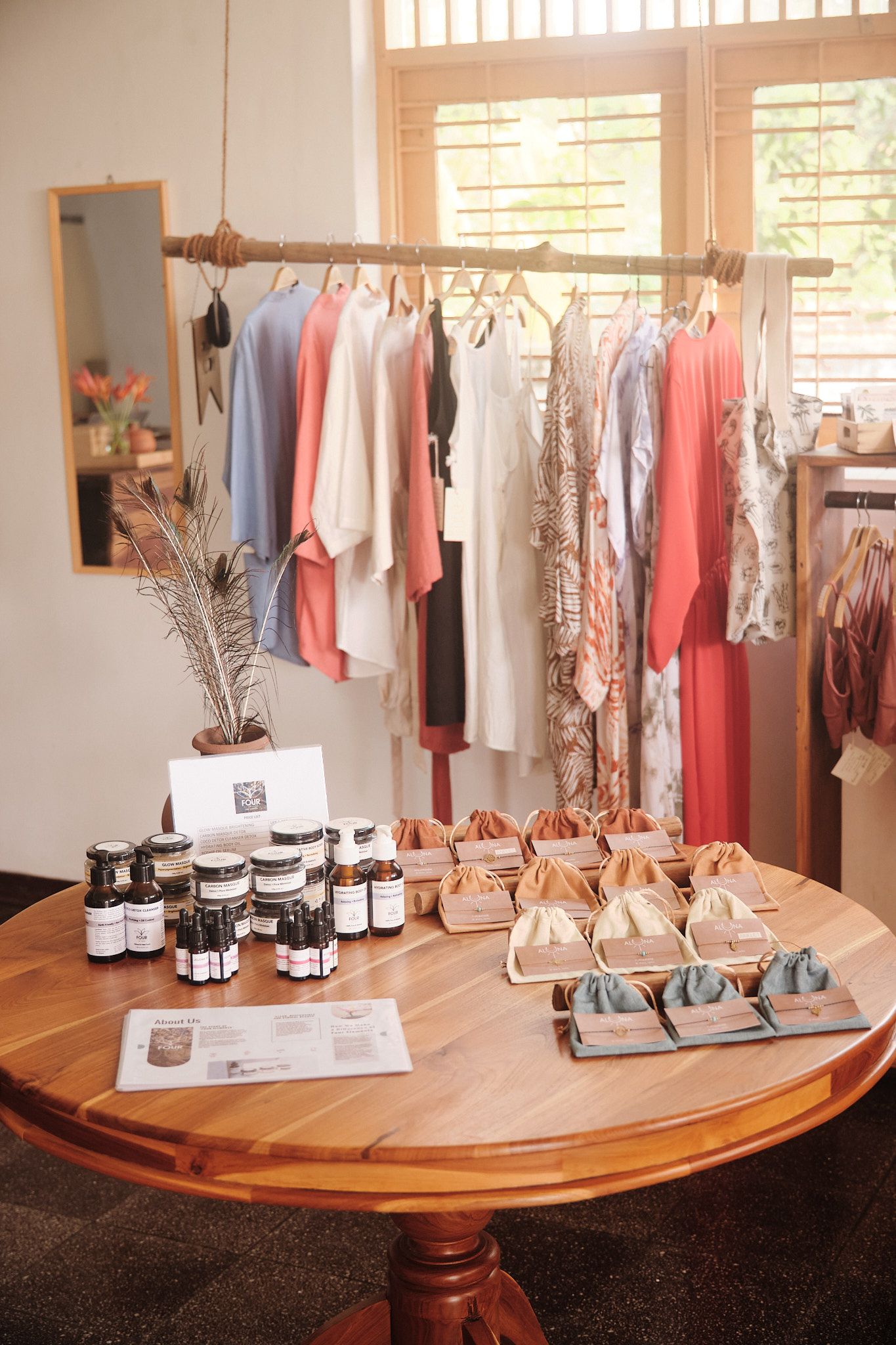 The shop table — skincare and handmade jewellery